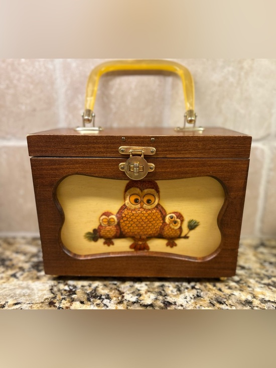 Handbags - Vintage Style Wooden Owl Box purse with Yellow Handle